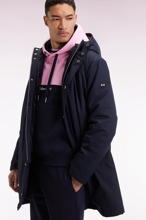 Long 2-in-1 parka in navy nylon with integrated hood - Image 1