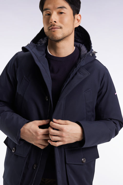 Short parka in navy nylon with patch pockets - Image 1