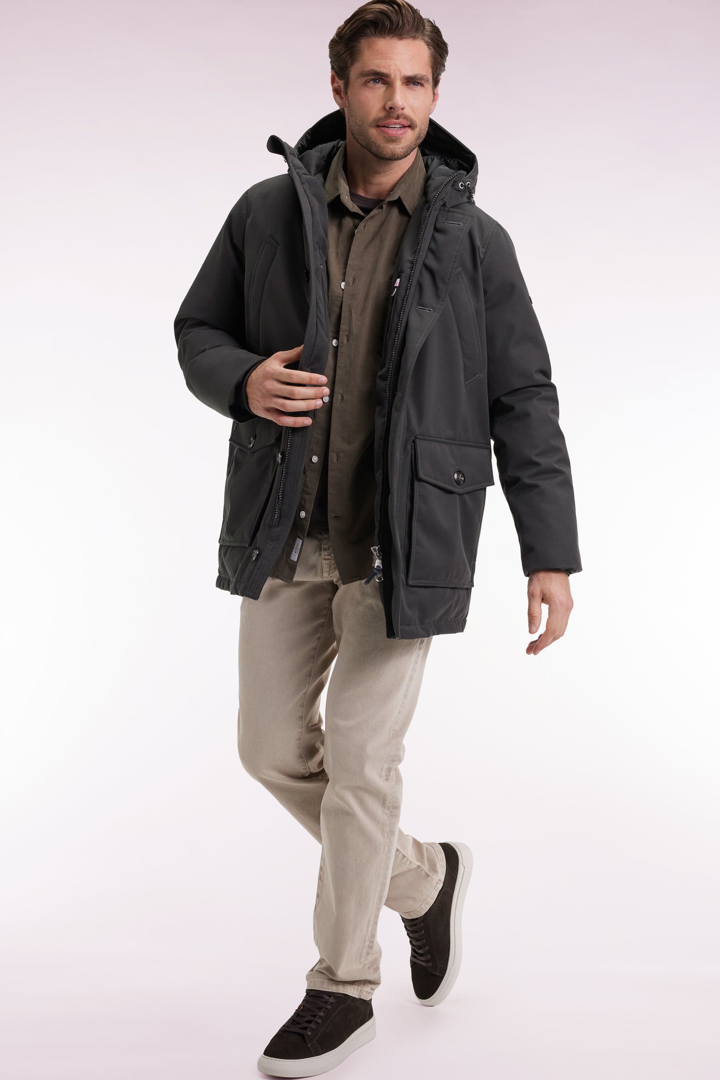 Short khaki nylon parka with patch pockets