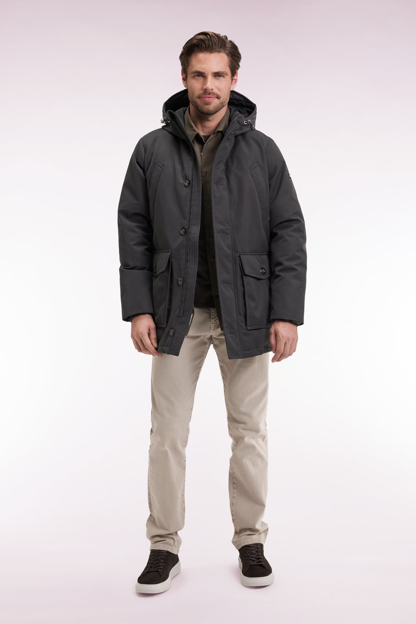 Short khaki nylon parka with patch pockets