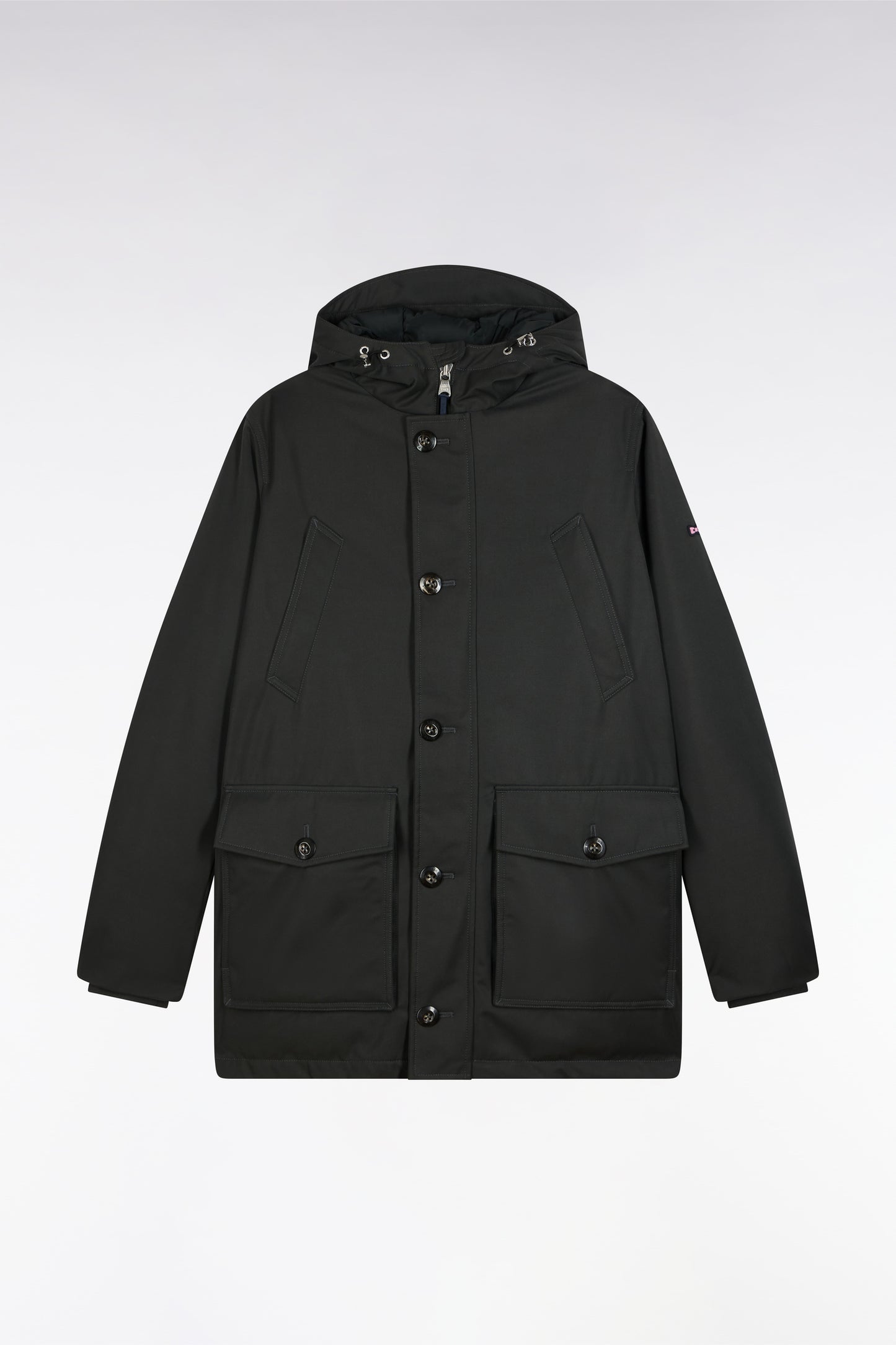Short khaki nylon parka with patch pockets