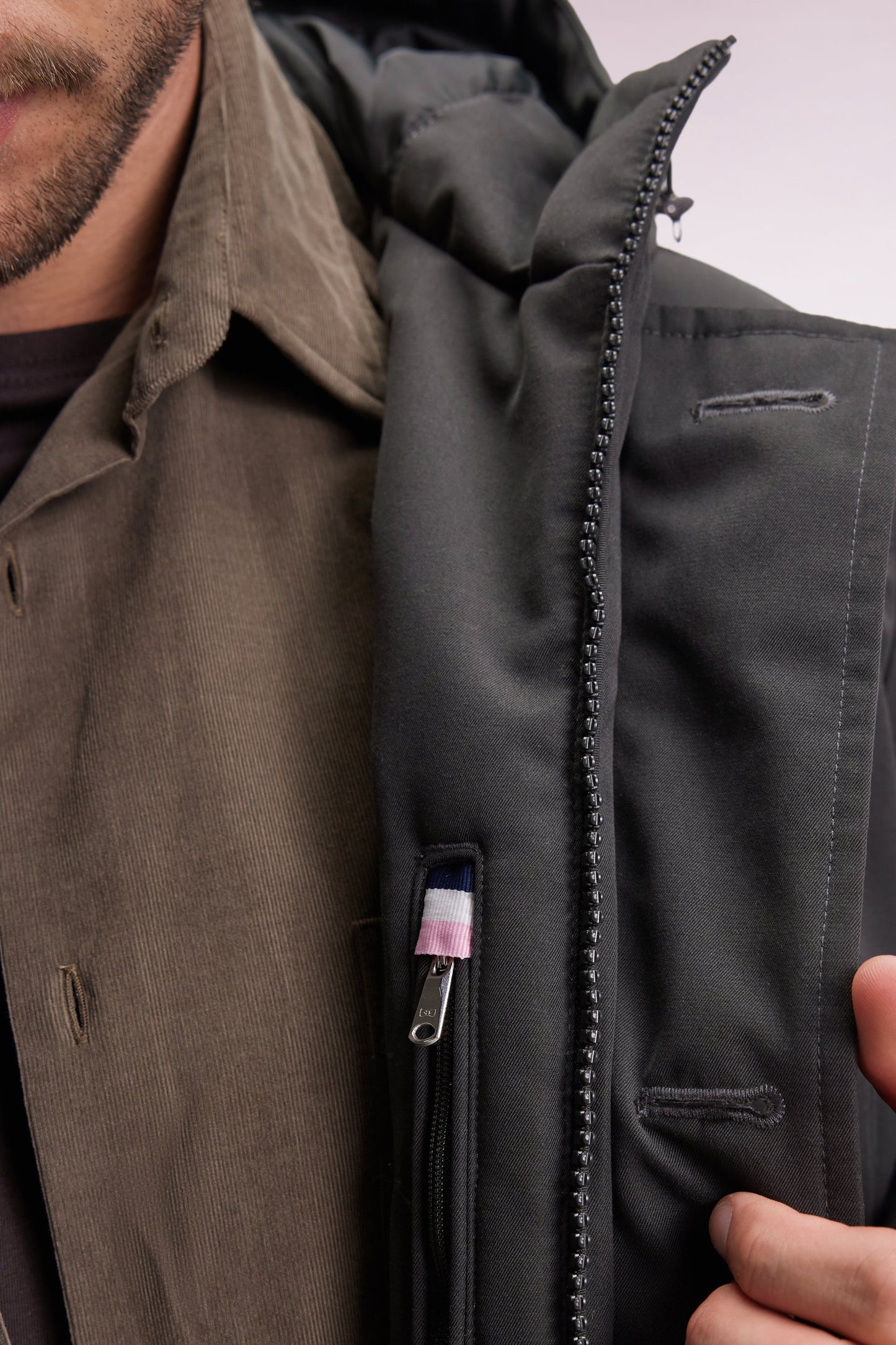Short khaki nylon parka with patch pockets