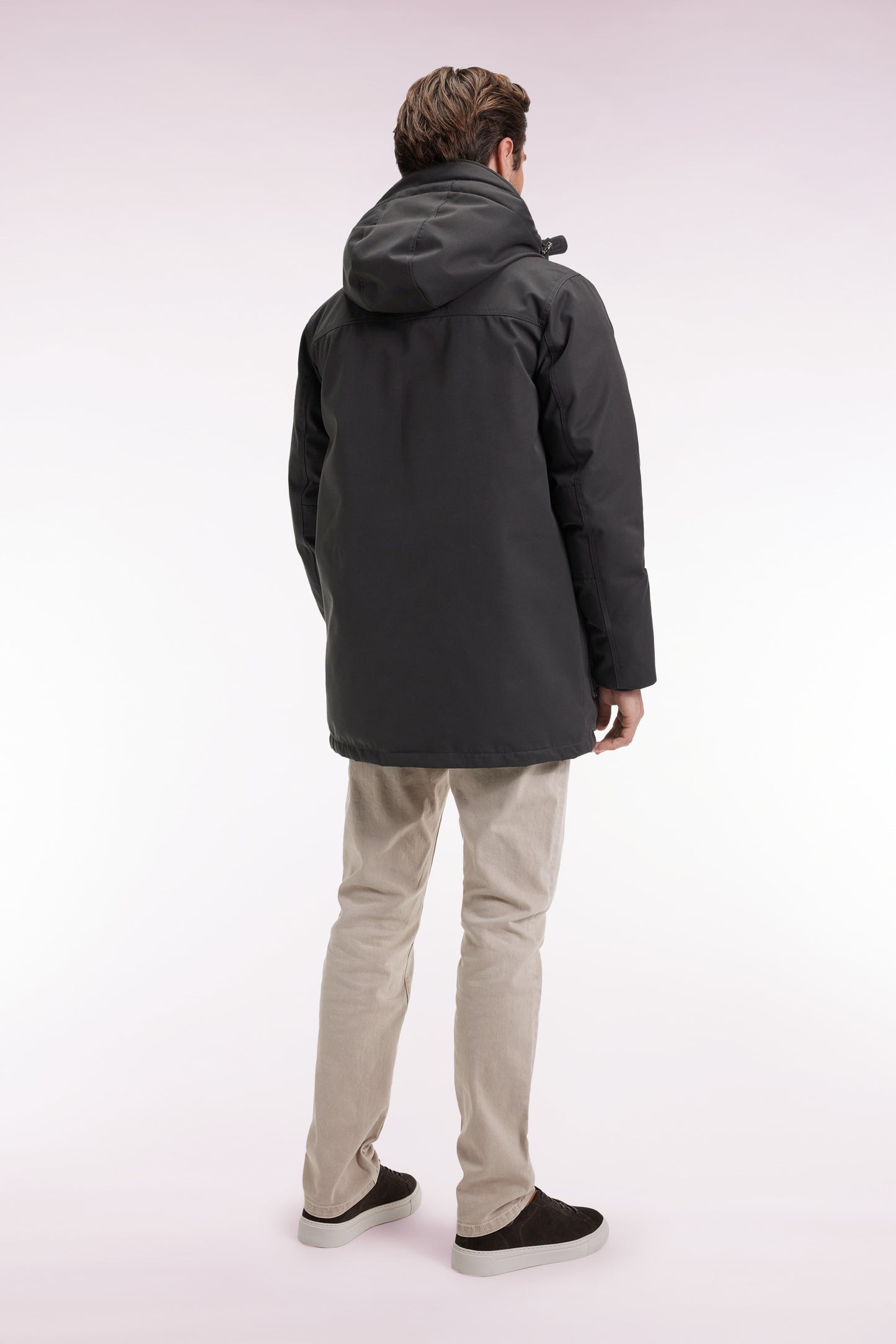 Short khaki nylon parka with patch pockets