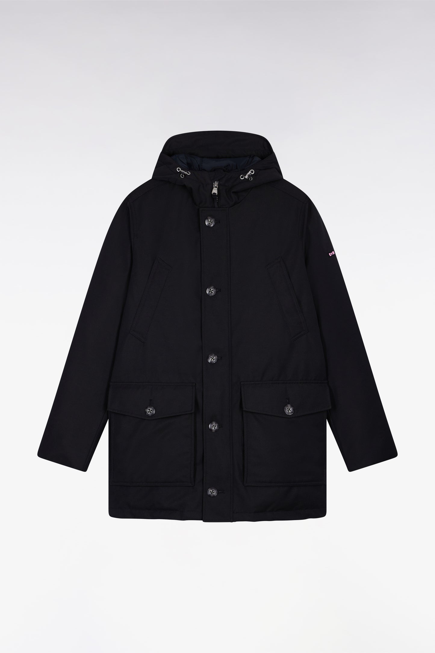 Short parka in black nylon with patch pockets