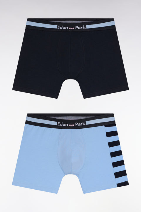 Set of two boxer shorts in stretch cotton jersey with sky and navy stripes - Image 1