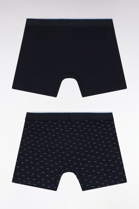 Set of two boxer shorts in plain stretch cotton jersey with blue micropatterns - Image 2