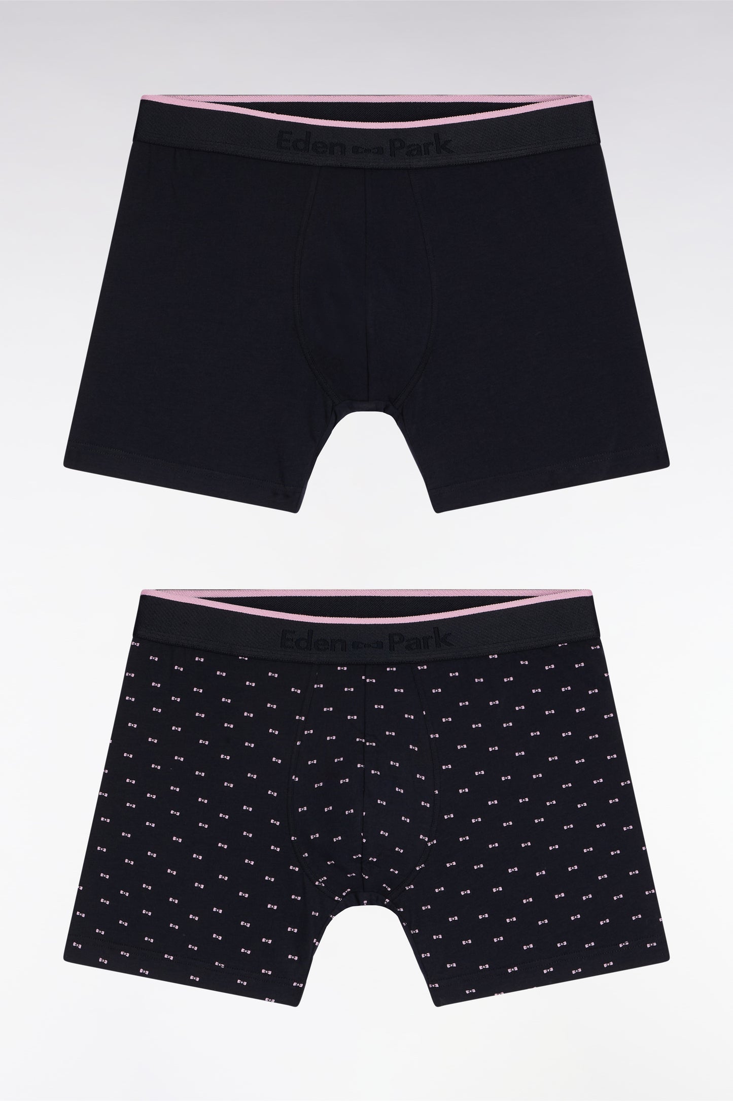Set of two boxer shorts in plain stretch cotton jersey with navy micropatterns