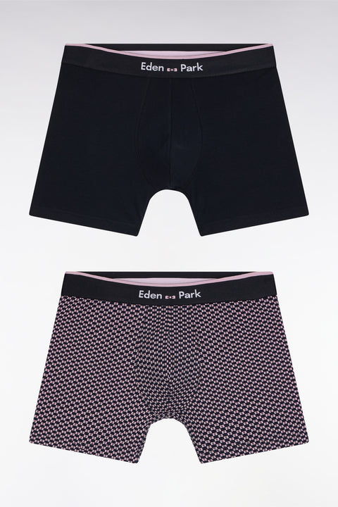 Set of two boxer shorts in plain stretch cotton jersey with navy and pink micro-patterns - Image 1