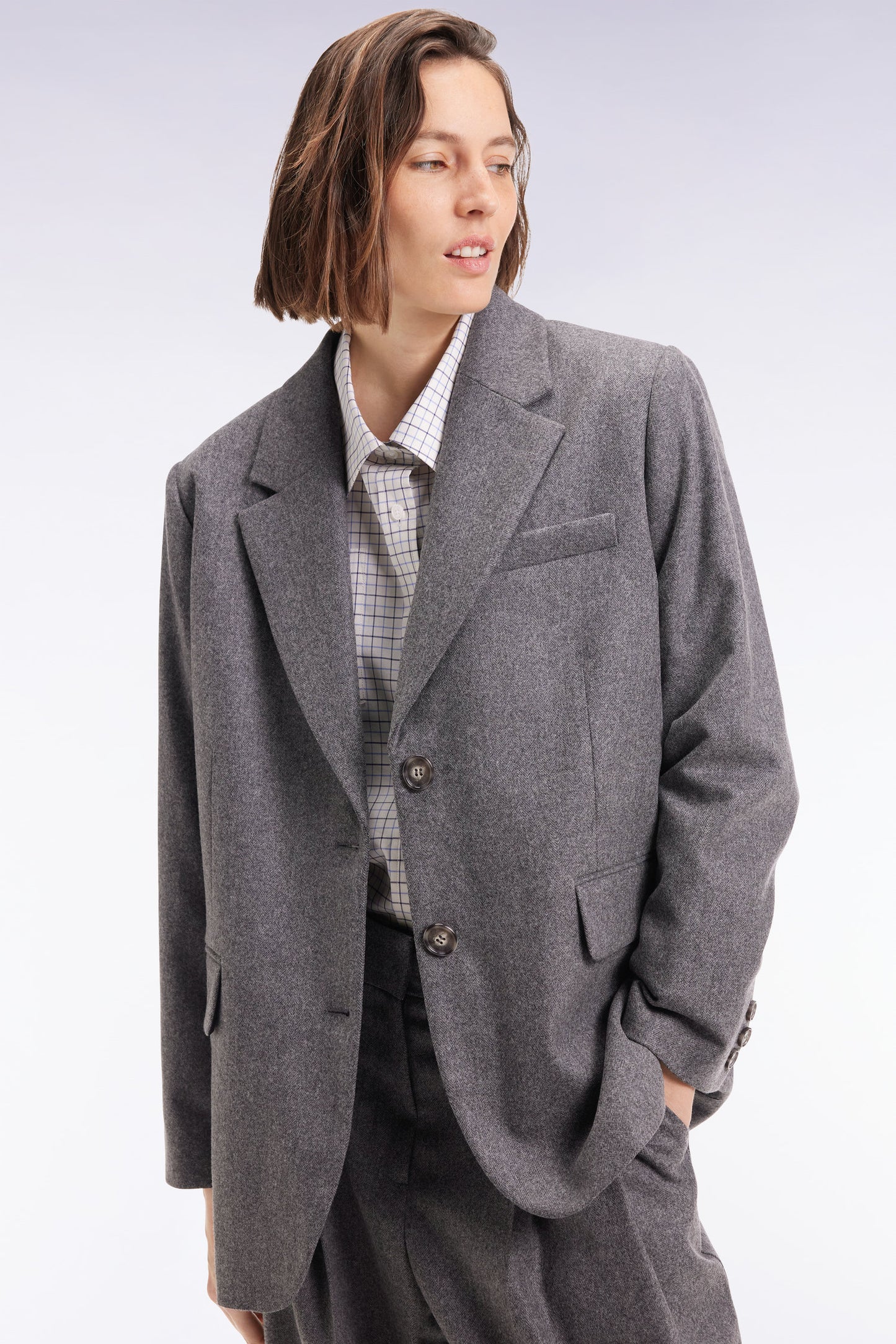 Oversized grey wool flannel blazer jacket