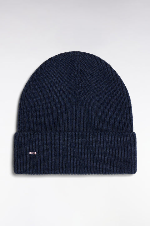 Bonnet côtelé en laine et coton bleu - Image 1