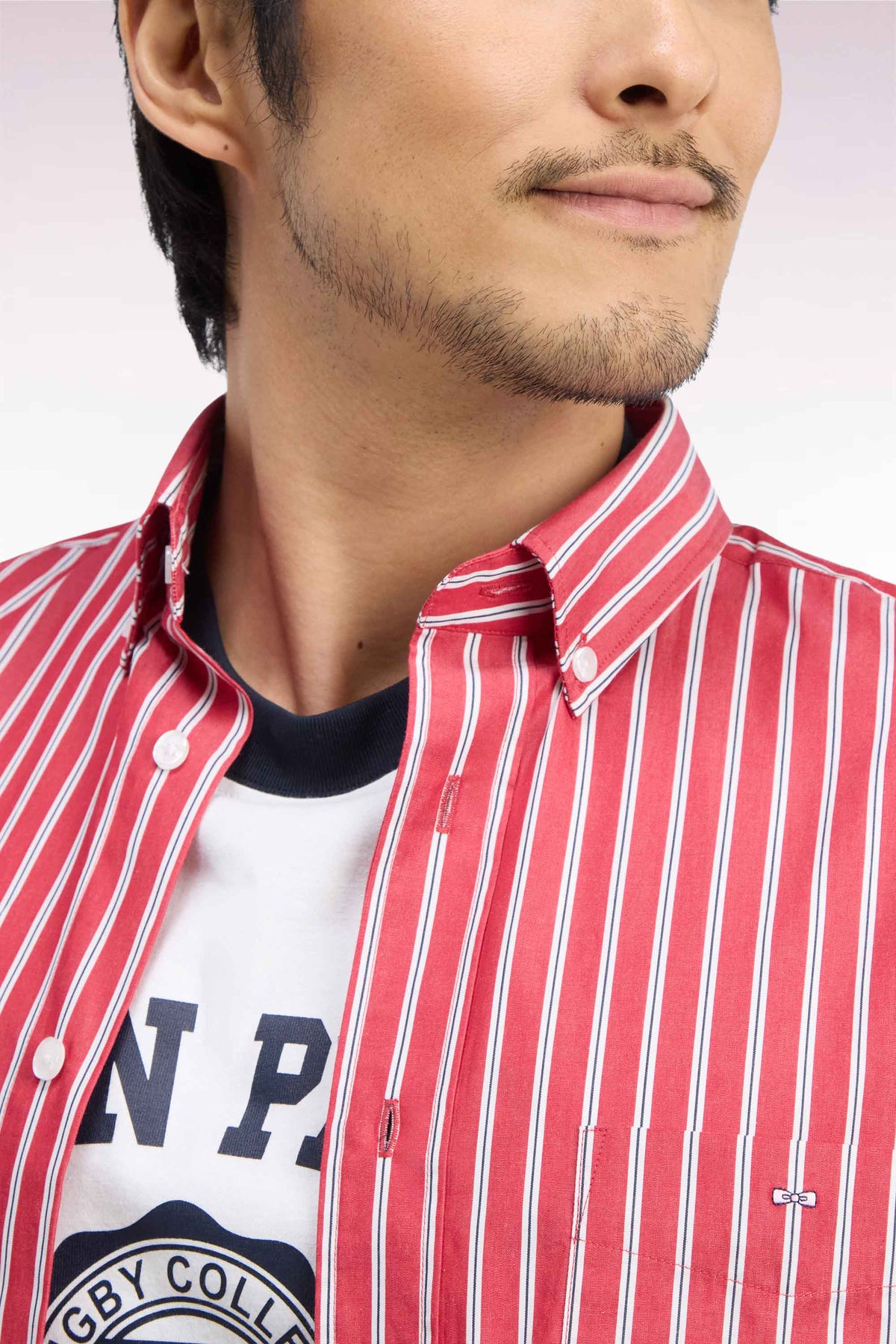 Red cotton shirt with ecru stripes, straight cut