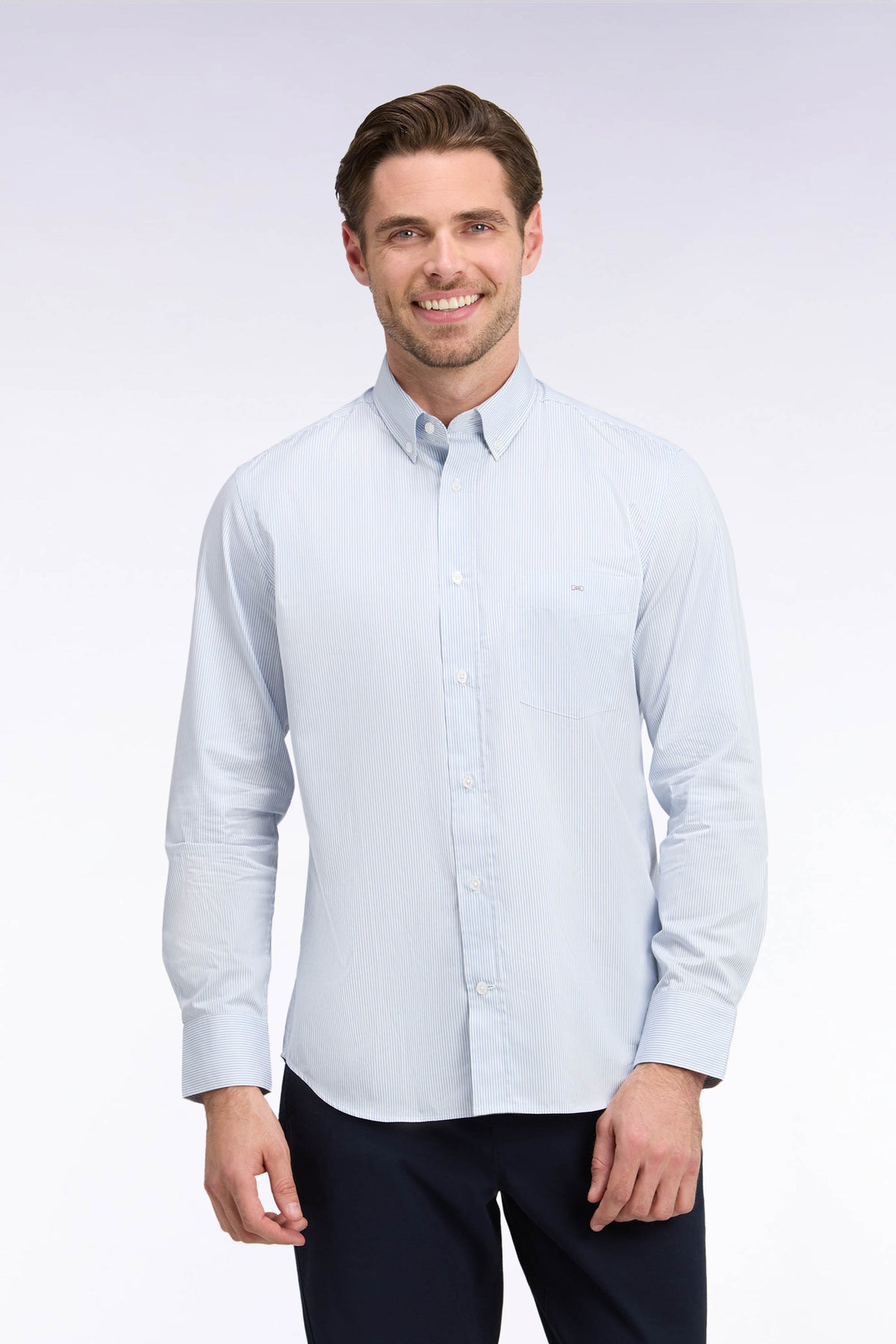 White cotton shirt with fine sky stripes, straight cut