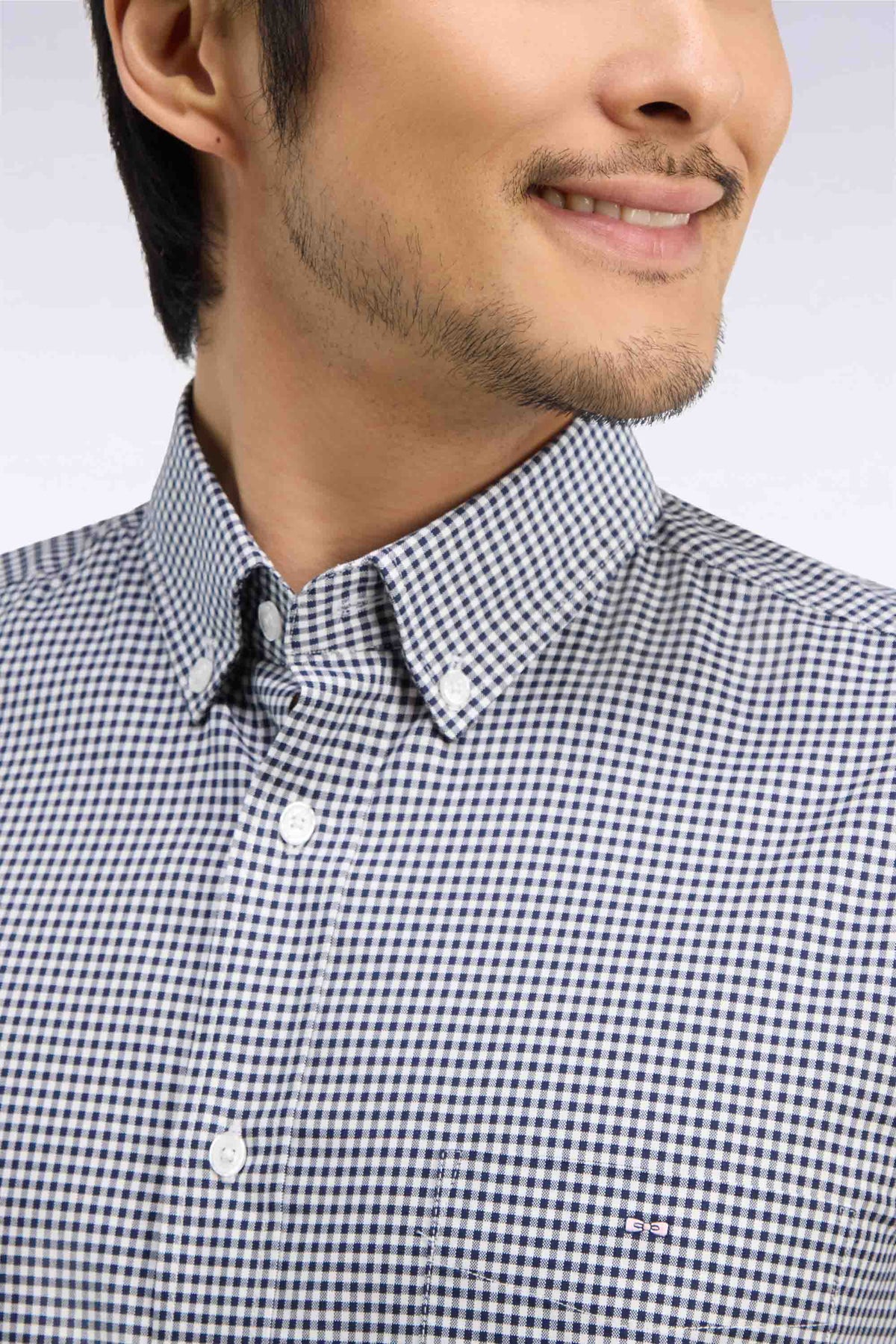 Straight cut navy gingham check cotton shirt