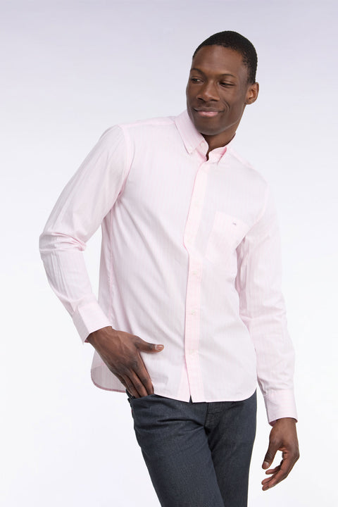 White woven cotton shirt with pink stripes, straight cut - Image 1
