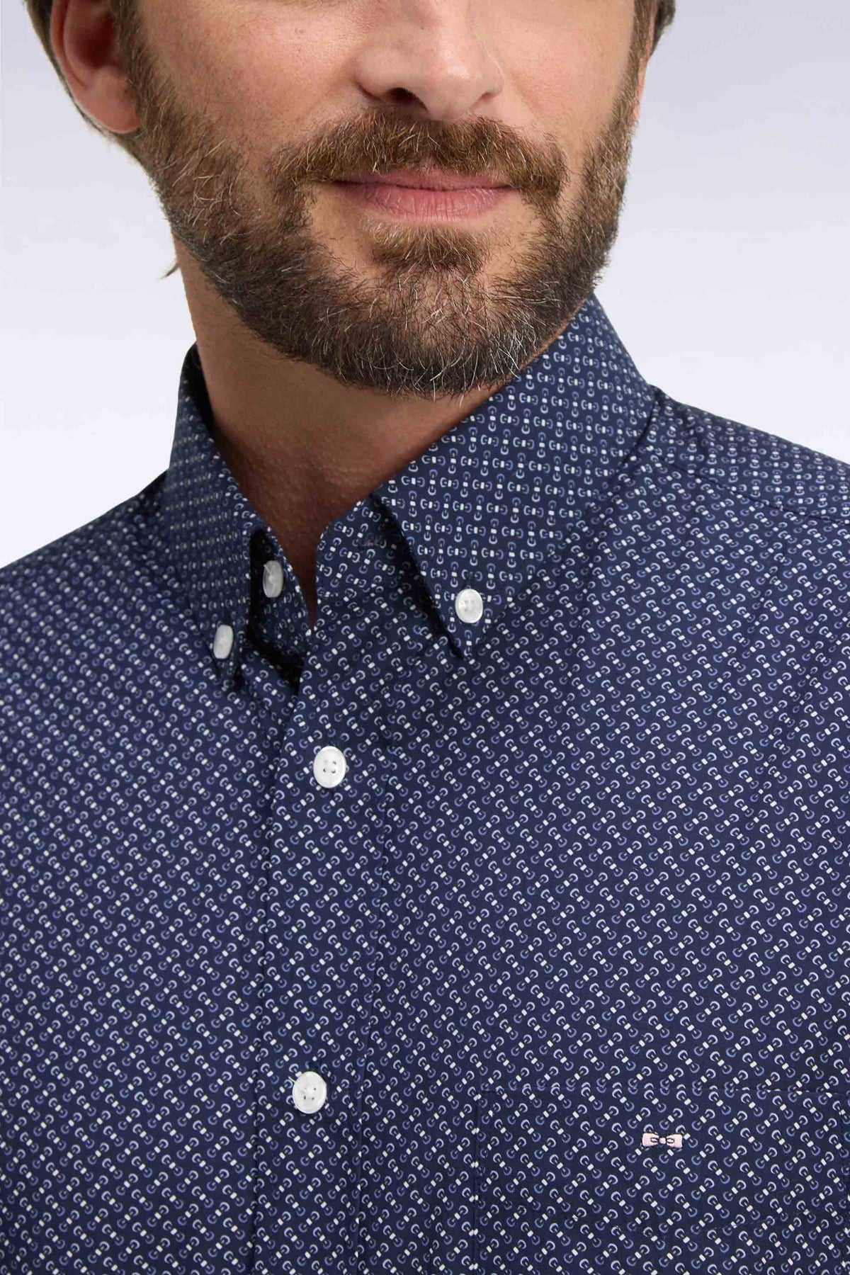 Navy cotton poplin shirt with micro-patterned bow ties