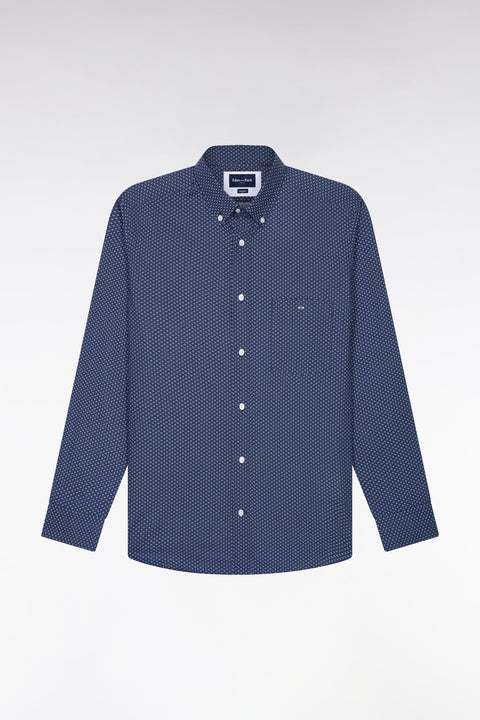 Blue micro-patterned straight-cut cotton shirt - Image 2