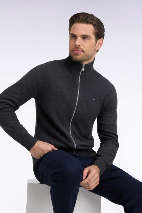 Straight cut charcoal gray cotton zipped cardigan - Image 1
