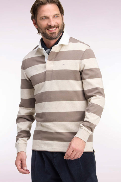 Long-sleeved jersey in beige striped cotton jersey - Image 1