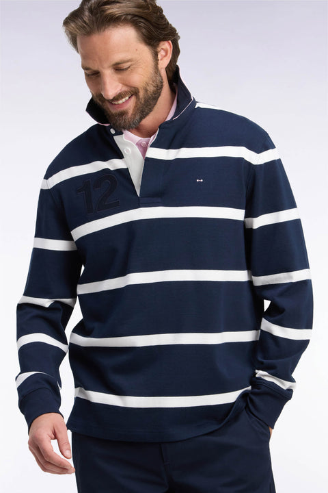 Maillot manches longues en jersey de coton marine rayé broderie dos - Image 1