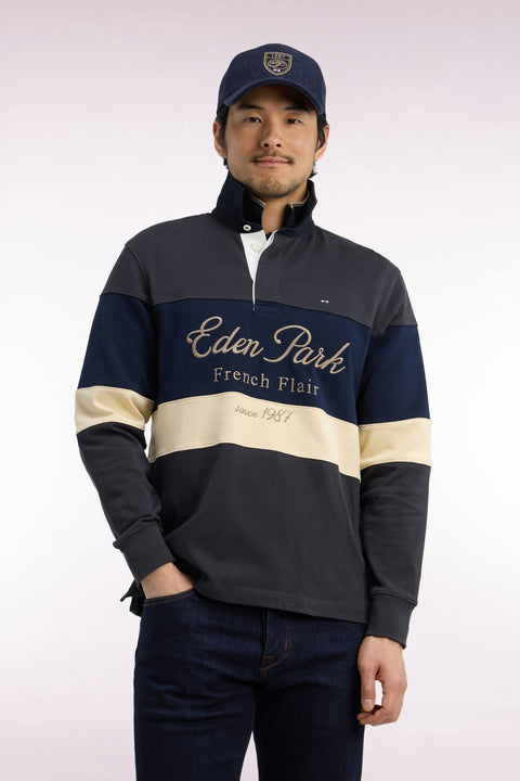 Long-sleeved cut-and-sew jersey in khaki tricolor cotton with Héritage embroidery - Image 3