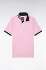 Short-sleeved polo shirt with striped undercollar in pink Pima cotton, straight cut
