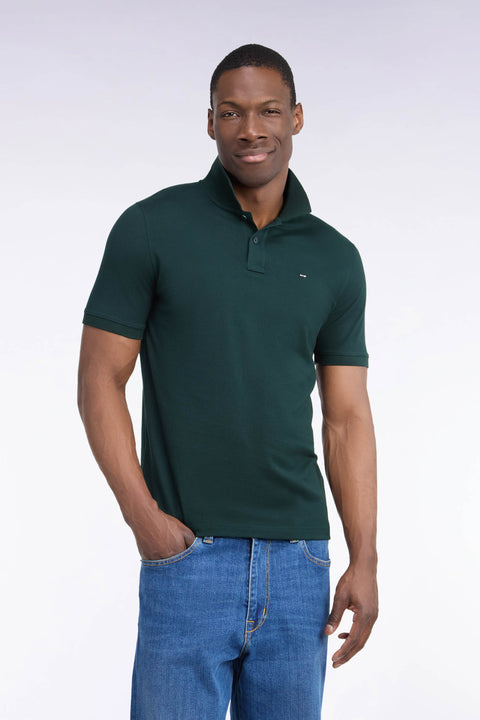 Short-sleeved polo shirt in dark green Pima cotton, straight cut - Image 3