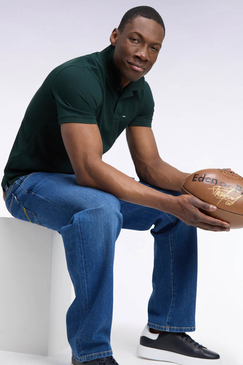 Short-sleeved polo shirt in dark green Pima cotton, straight cut - Image 1