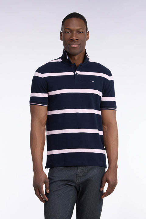Short-sleeved navy polo shirt with pink stripes, straight cut - Image 3