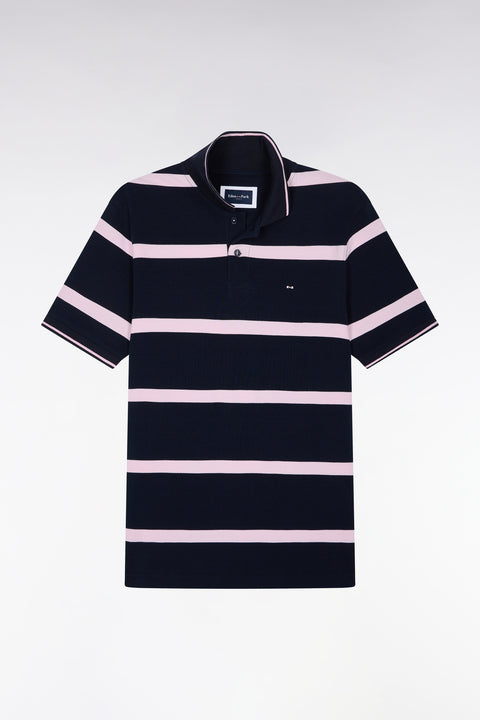 Short-sleeved navy polo shirt with pink stripes, straight cut - Image 2