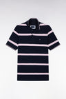 Short-sleeved navy polo shirt with pink stripes, straight cut