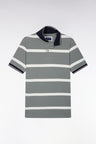 Green short-sleeved polo shirt with ecru stripes, straight cut