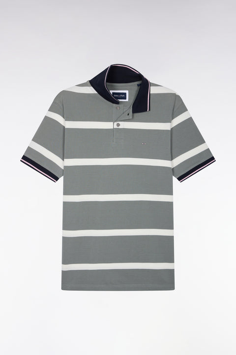 Green short-sleeved polo shirt with ecru stripes, straight cut - Image 2