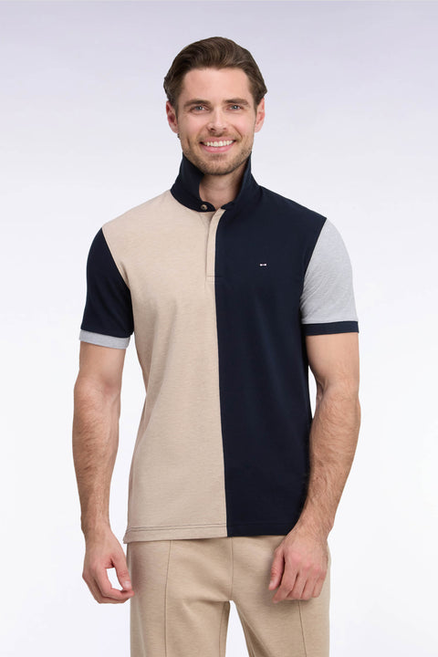 Polo manche courtes en piqué de coton peigné tricolore beige coupe droite - Image 3