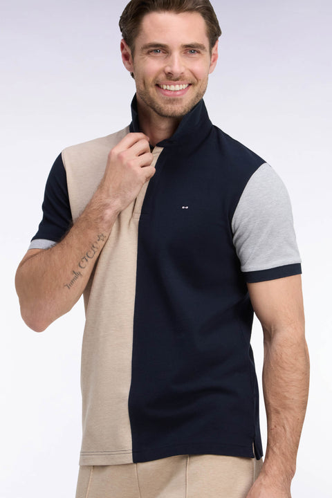 Polo manche courtes en piqué de coton peigné tricolore beige coupe droite - Image 1