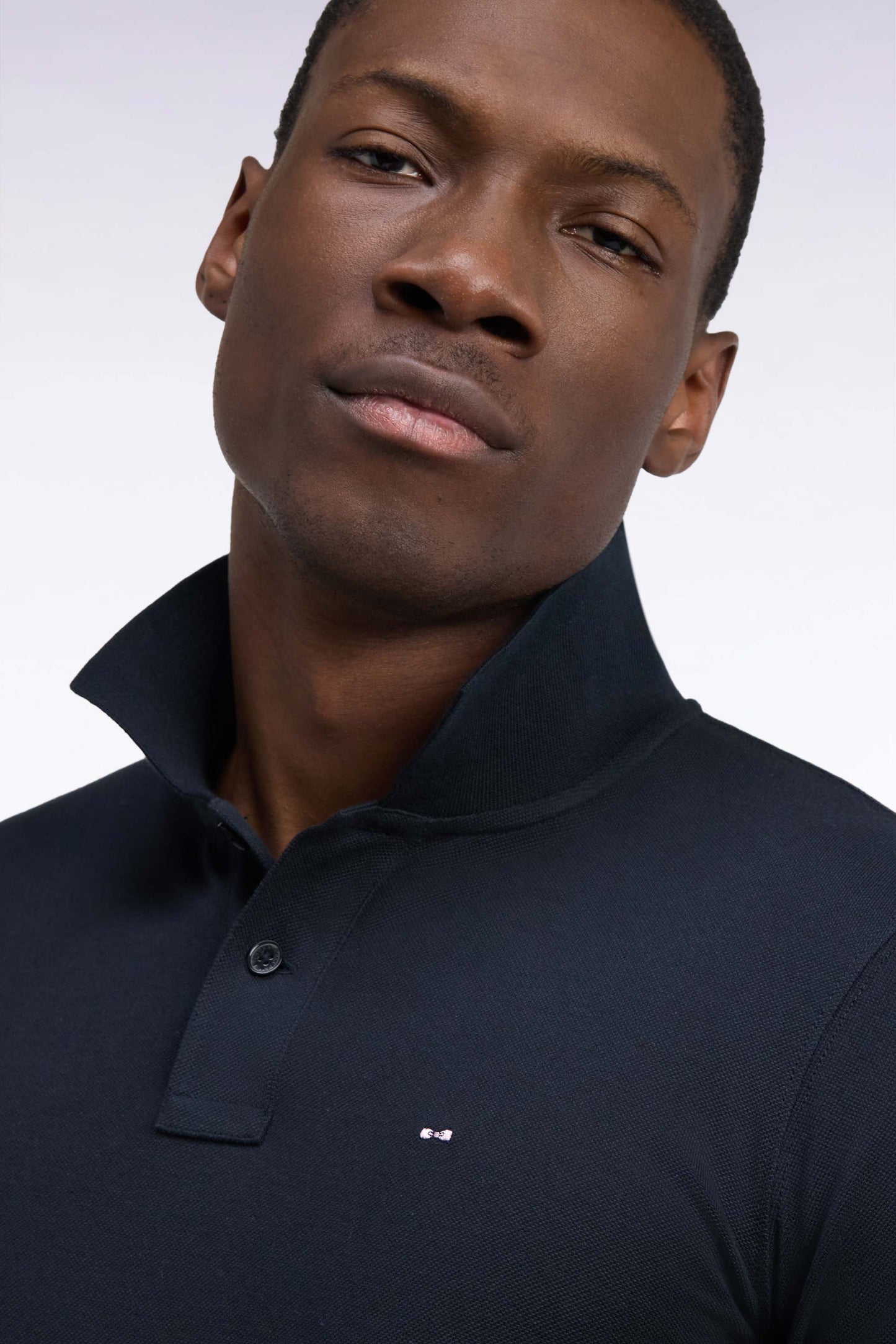Long-sleeved black Pima cotton straight-cut polo shirt