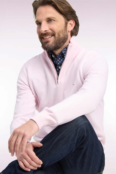 Straight cut pink wool and cotton trucker neck sweater - Image 1
