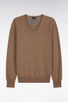 Straight cut brown wool and cotton V-neck sweater