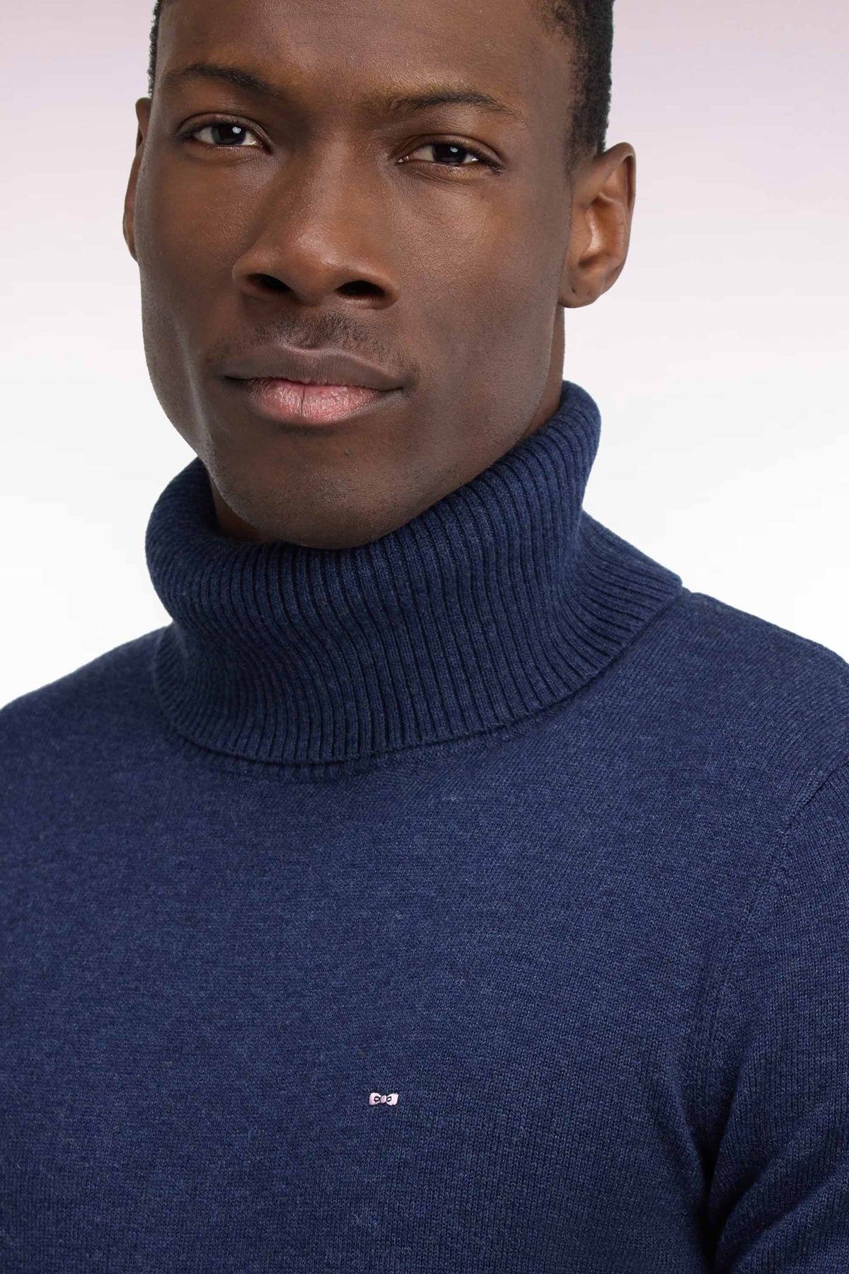 Straight cut blue wool and cotton turtleneck sweater