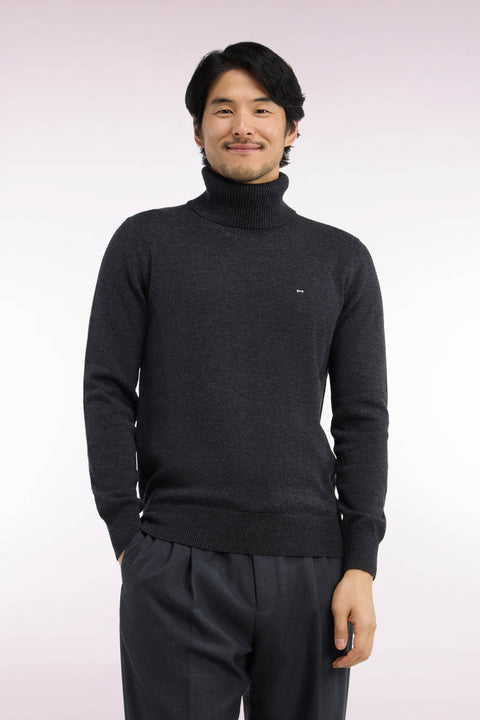 Straight cut dark gray wool and cotton turtleneck sweater - Image 3