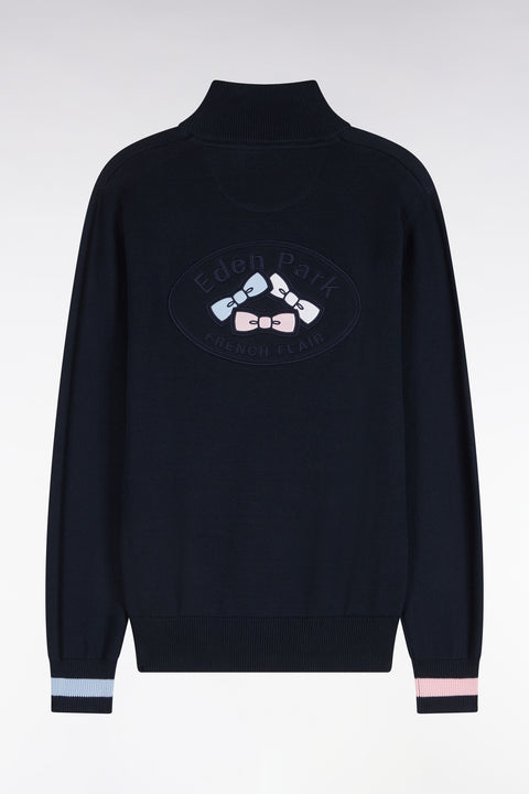 Straight cut embroidered navy cotton zipped trucker neck sweater - Image 2