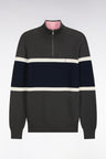 Khaki Cotton Trucker Neck Sweater with Contrast Cutouts Straight Fit