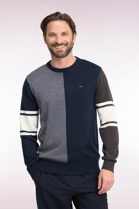 Round-neck sweater with vertical cutout in tricolor merino wool jersey - Image 3