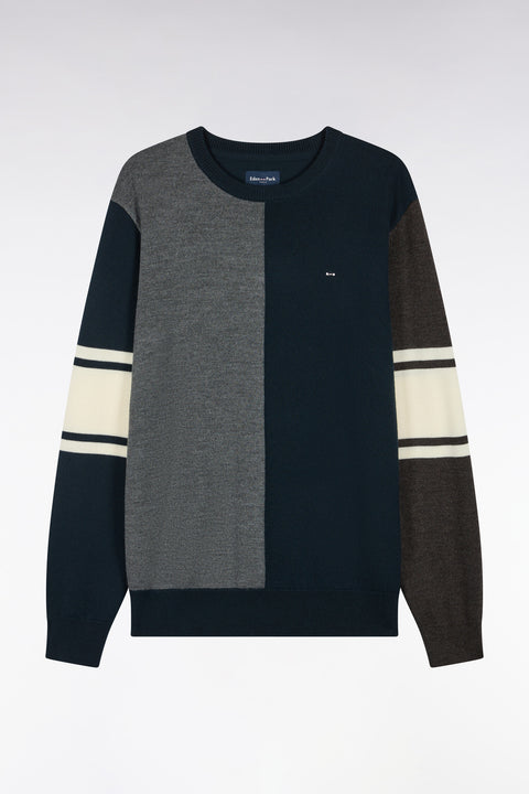 Round-neck sweater with vertical cutout in tricolor merino wool jersey - Image 2