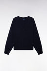 Navy wool and cotton V-neck sweater with oversized cut