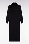 Straight-cut black virgin wool and cashmere polo collar midi dress