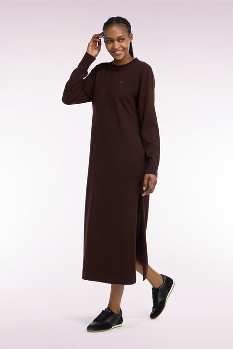 Straight cut brown wool slit midi dress - Image 1