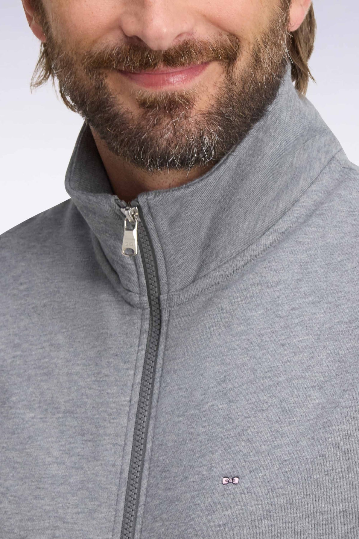 Straight-fit gray cotton trucker neck zipped sweatshirt
