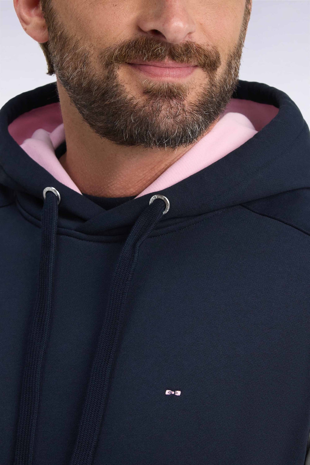 Navy cotton hooded sweatshirt with cut-out sleeves, straight cut