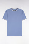 Short-sleeved blue cotton T-shirt with striped ribbed straight cut