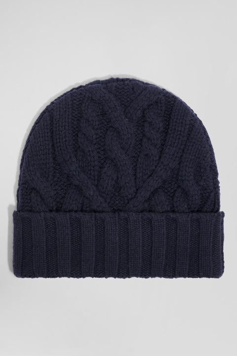 Navy blue cable knitted wool beanie - Image 2